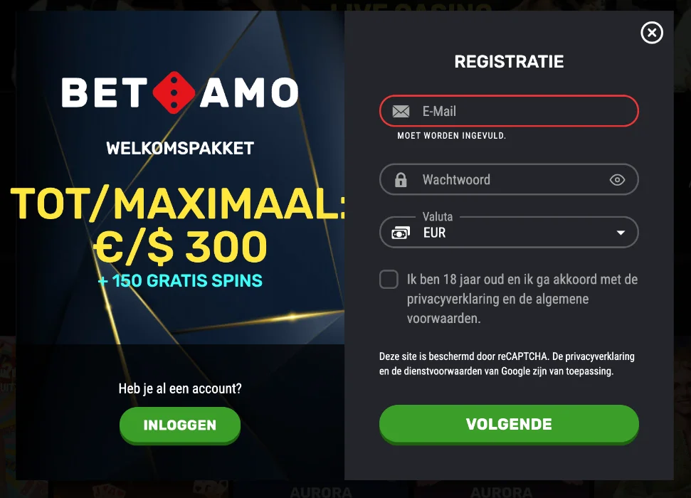 Betamo Casino registratie en direct een nieuw account aanmaken